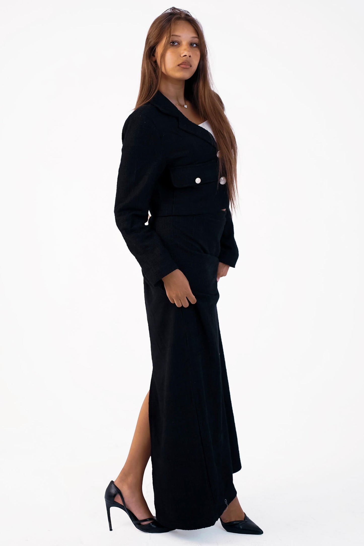 Sleek Elegance Tailored Blazer & Maxi Skirt Set